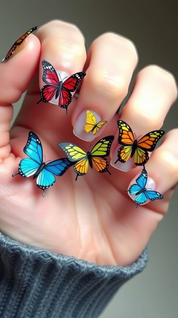 Close-up of hands with various colorful butterfly nail decorations.