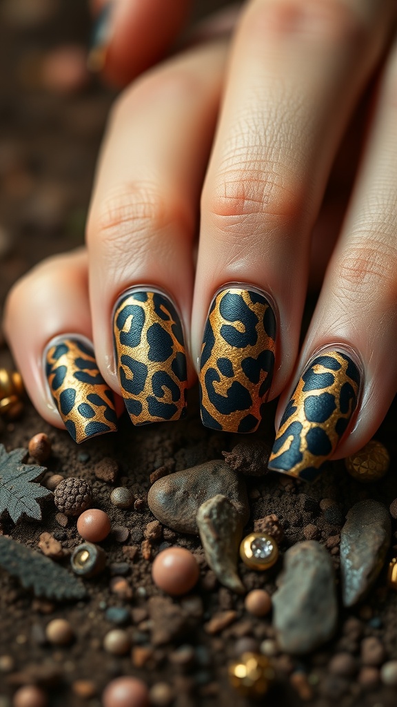 Close-up of 3D leopard nail art featuring intricate patterns and textures.