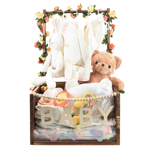PIIOSER Baby Shower Crate Closet, Multifunctional Wooden & Acrylic Visible Baby Storage Crate with Handle, Newborn Welcome Gifts Basket for Boys Girls, Pregnancy Gifts for New Parents (Brown)