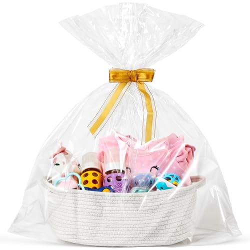 LANDNEOO Small Woven Basket with Gift Bags and Ribbons, Empty Decorative Gift Chest Box, Cute Baby Gift Basket for Nursery, Cotton Rope Room Shelf Storage Basket with Handles, 12