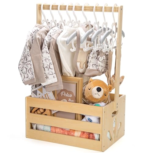 GiftAmaz Wooden Baby Shower Crate Closet, Baby Storage Crate Hamper with Handle, Basket for Baby Shower Gifts, Welcome Gift Basket for Newborn Boys Girls, Pregnancy Gifts for New Parents, G-018B