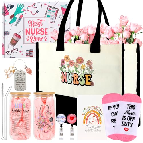 Nurse Gifts for Women Medical Assistant Gifts Nurse Appreciation Gifts Nurse Accessories for Work Nurse Christmas Gifts with Nurse Canvas Beach Bag Glass Cup Socks Keychain Badge Reel Holder