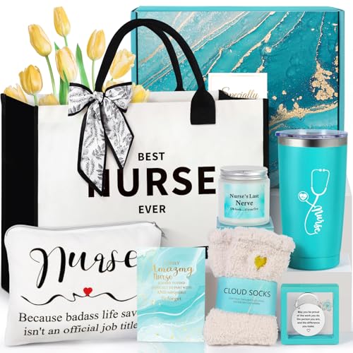 Nurse Gifts for Women, Nurse Appreciation Gifts Set Nurses Week Gifts Set Graduation Gifts Christmas Gifts for Nurses Female Nursing Student with Canvas Beach Tote Bag Tumbler Keychain