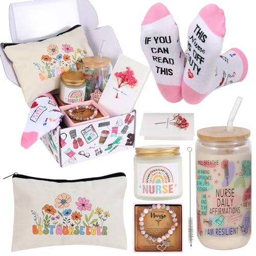 Bayelove Nurse Gifts for Women, Nurses Week Gifts, Nurse Appreciation Gifts, 16 oz Nurse Glass Cup Basket Gifts Set for Nurse Graduation, Nursing School, Nurse Practitioner
