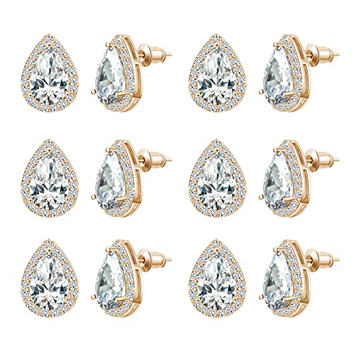 DHQH 4/6 Pairs Bridesmaids Earrings Classic Cubic Zirconia Teardrop Stud Earrings for Women Girls I Couldn’t Tie a Knot Without You Brides Bridesmaids Proposal Wedding Jewelry Gifts, D-gold(set of 6)