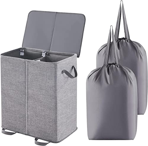 Lifewit Double Laundry Hamper with Lid and Removable Laundry Bags, Large Collapsible 2 Dividers Dirty Clothes Basket with Handles for Bedroom, Laundry Room, Closet, Bathroom, College, 136L Grey