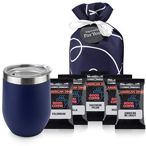 Coffee Lovers Gifts Basket - Gift Sets Include Temperature Retention Insulated Cup and 5 Special Blend Full Pot Ground-Coffee Samplers Presented in Beautiful Gift Bag For Women & Men