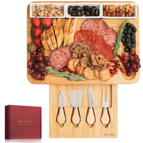 Home Euphoria Large Bamboo Charcuterie Board and Knife Set - Cheese Board with Bowls, Beautiful Gift for Mom