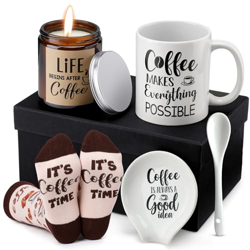 Vabean 5 Pieces Coffee Lover Gift Set Includes Coffee Mug and Spoon Rest Holder Coffee Themed Candle Coffee Socks Coffee Gift Box Gift Idea Coffee Gift Basket for Women Men
