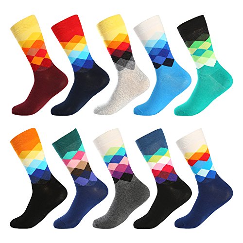 BONANGEL Men's Fun Dress Socks - Colorful Funny Novelty Crazy Crew Socks Packs with Cool Argyle Pattern (10 Pairs-mix 6)