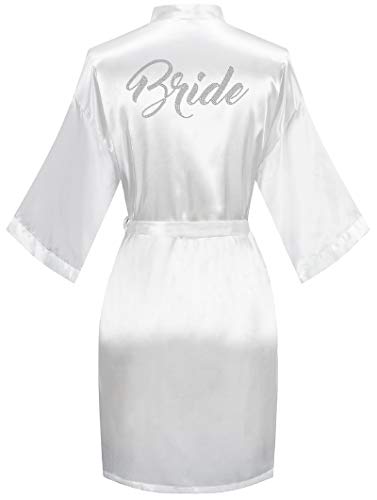 sunshinemall Women's Satin Kimono Robes with Rhinestones Bride Bridesmaid Short Getting Ready Wedding Dressing Gown