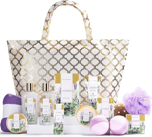 Spa Luxetique Set Bagno Doccia Donna alla Lavanda Confezione Regalo 15 Pezzi con Borsa a Mano Bagnoschiuma Olio Massaggio Lozione per Compleanno Anniversaio Vacanza, Regalo Natale Donna