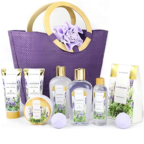 SPA LUXETIQUE Set regalo donna – 10 pezzi, profumo di lavanda, regalo di compleanno, crema per le mani, bagnoschiuma, sali da bagno, spugna da bagno e borsa spaziosa Regalo Natale Donna