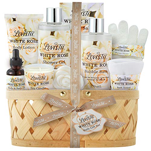 Bath & Body Spa Gift Basket for Women, Best Gift for Christmas, Mother's Day & Birthday, White Rose Set Includes Body Loion, Shower Gel, Bubble Bath, Bath Salt, Towel, Soap, Olio, Candle, Gloves,