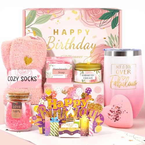 Birthday Gifts for Women, Happy Birthday Gifts Basket for Women, Relaxing Spa Gifts Basket Set w/ 3D Happy Birthday POP-UP Card, Gifts Box for Women, Mom, Sister, Bff, Wife, Girlfriend, Her (Pink)