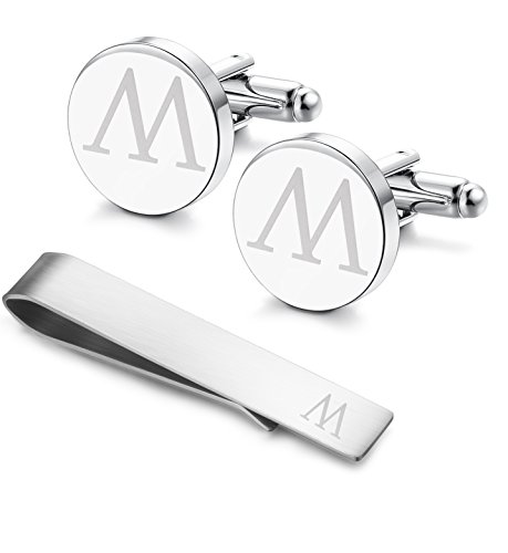 Classic Engraved Initial Cufflinks and Tie Clip Bar Set Alphabet Letter Formal Business Wedding Shirts M