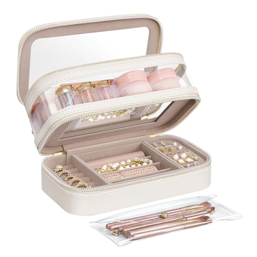 SONGMICS Makeup Bag with Mirror, with Jewelry Storage, Travel Makeup Bag, with Separate Brush Storage Pouch, Transparent Window, 8.7 x 4.7 x 4.7 Inches, Gift Idea, Cloud White UJKA026W01