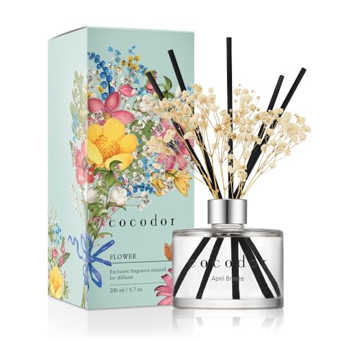 COCODOR Reed Diffuser Set with Preserved Baby's Breath with Sticks/April Breeze / 6.7oz / Scent Fragrance Oil Diffuser for Bedroom Bathroom Home Décor