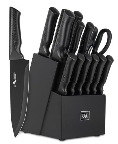 Knife Set, 15 Pcs Kitchen Knife Set with Block Self ...