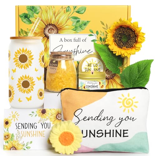 Birthday Gifts for Women Sunflower Gifts Get Well Soon Gifts, Sending Sunshine Gift Baskets, Self Care Spa Gifts for Women Her Mom Best Friends Sister, Thank You Gifts Christmas Gifts w/Glass Cup