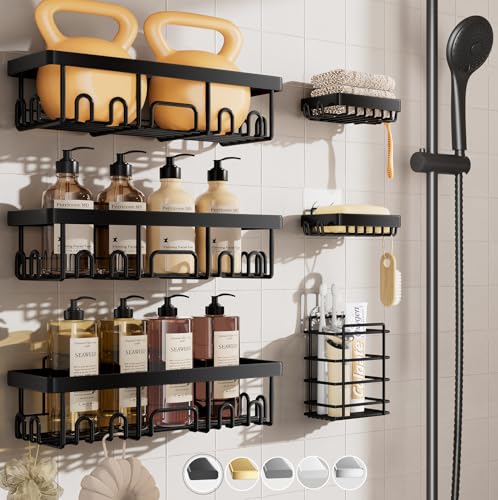 Veken Stainless Steel Shower Caddy 6-Pack, Adhesive Rustproof Shelves Rack with Soap Holder, Large Capacity Bathroom Organizers and Storage, No Drilling Wall-Mounted Kitchen & Home Decor, Bath Decor