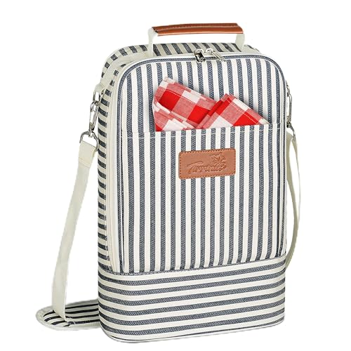 Tirrinia Insulated 2 Bottle Wine Gift Tote Bag - Wine Tumbler Glass Cooler Carrier for BYOB Restaurants, Wine Tasting, Travel, Park, Beach, Great Wine Lover Gift, Blue Stripe
