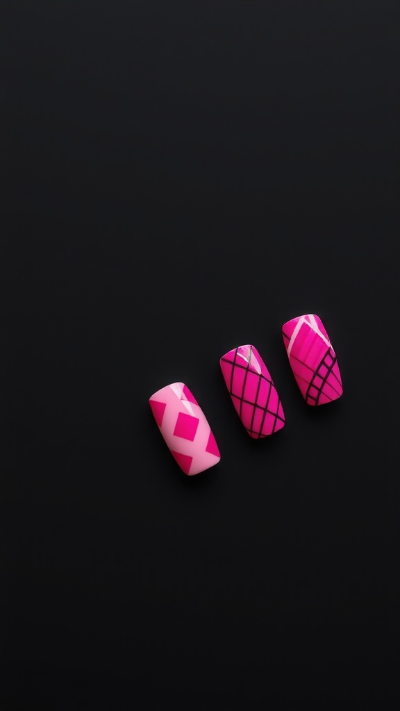 Three hot pink nails with geometric designs on a black background.