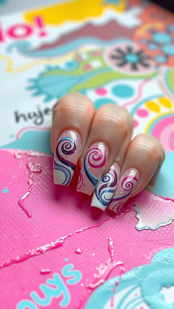 Close-up of pink chrome nails with abstract swirl designs.