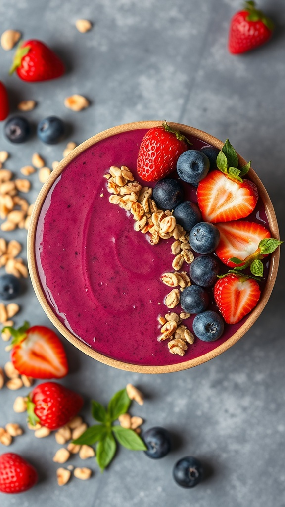 A vibrant acai berry smoothie topped with granola and fresh fruits.