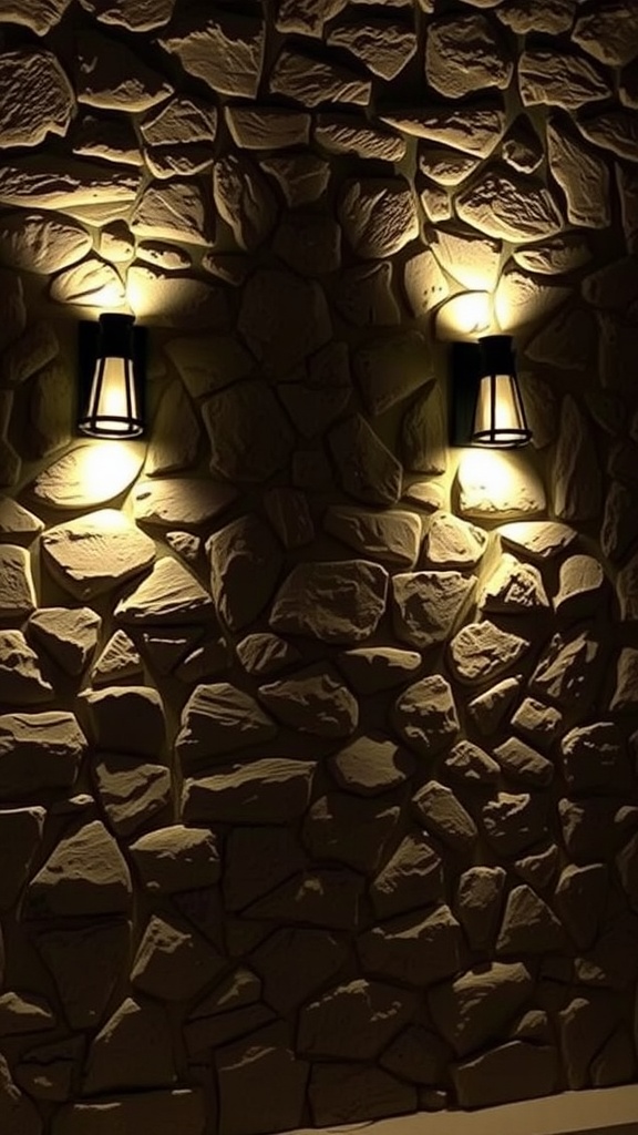 A stone wall with warm lighting accents.