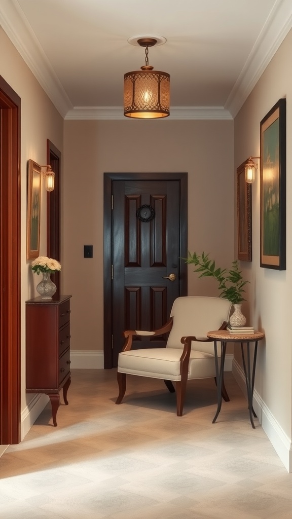 A well-decorated hallway with a chair, side table, and decorative items.