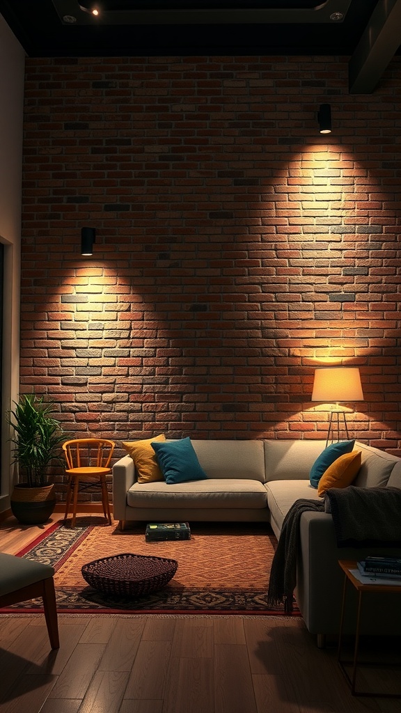 A cozy living room with a brick wall, featuring accent lighting that highlights the wall's texture.