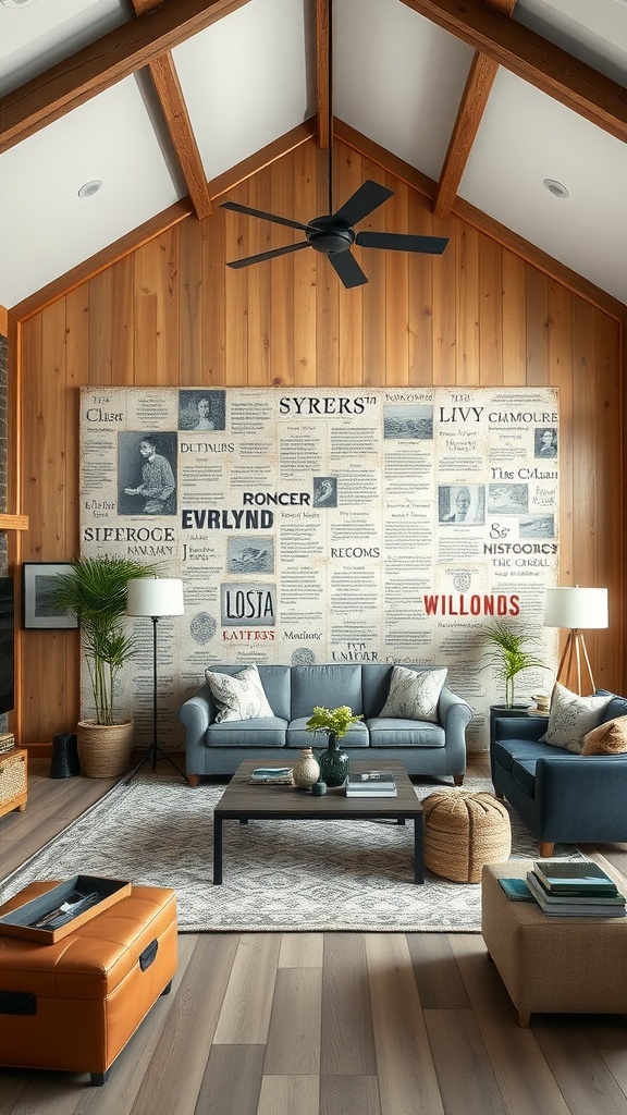 Living room with an accent wall featuring newspaper-style wallpaper and wooden beams