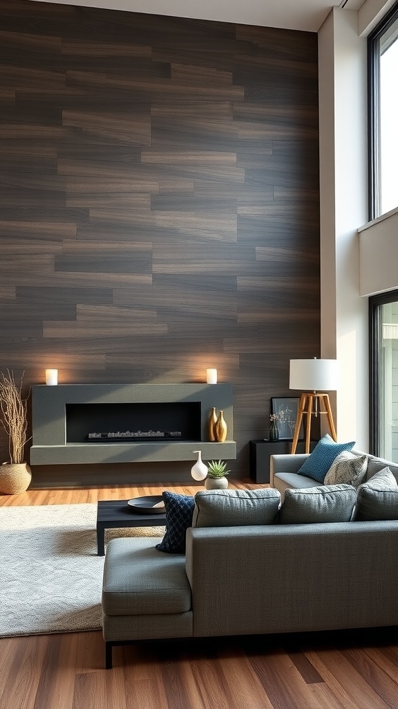 Living room with dark wood accent wall and modern furnishings.