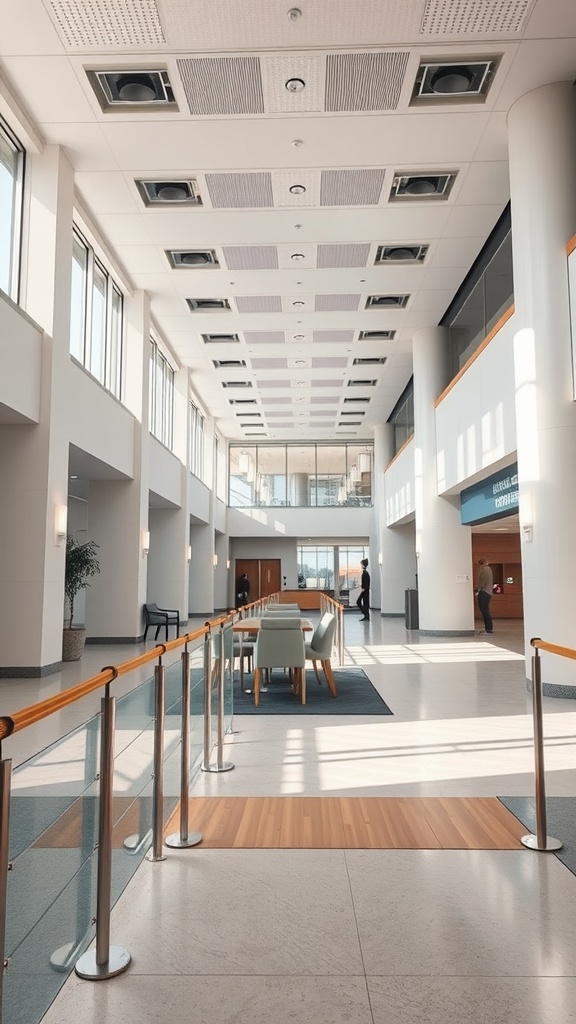 A spacious lobby with modern furniture and large windows.