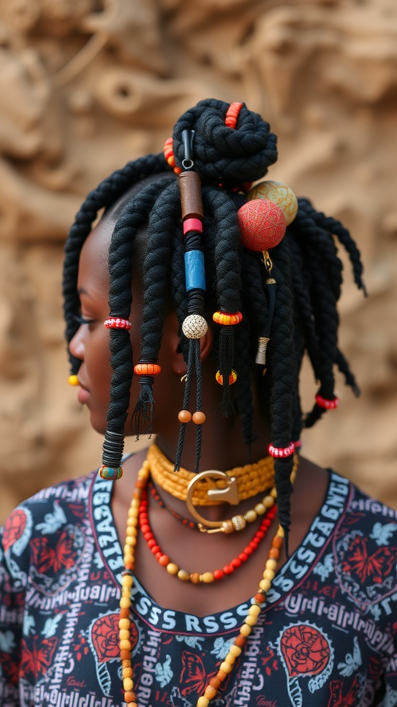 A woman with butterfly locs styled with colorful beads and accessories.