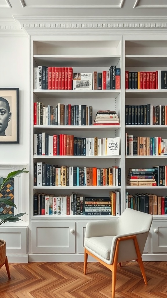 A modern classic interior featuring a bookshelf filled with books and a cozy chair.