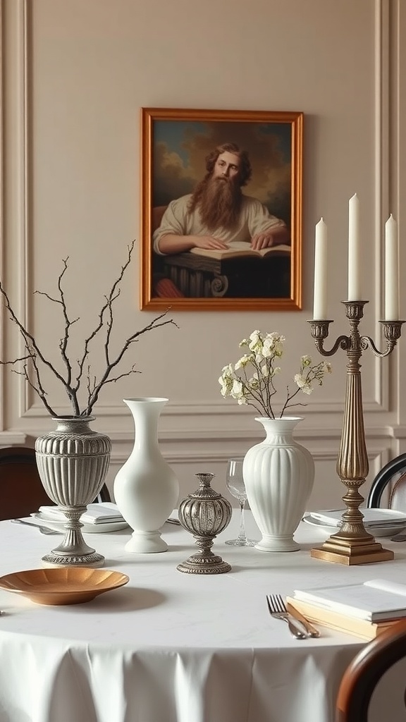 A neoclassical styled table setting with elegant vases, candle holders, and natural elements.