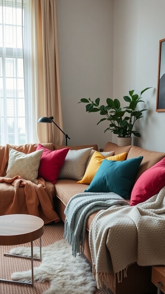 A cozy living room with colorful throw pillows and blankets on a couch.