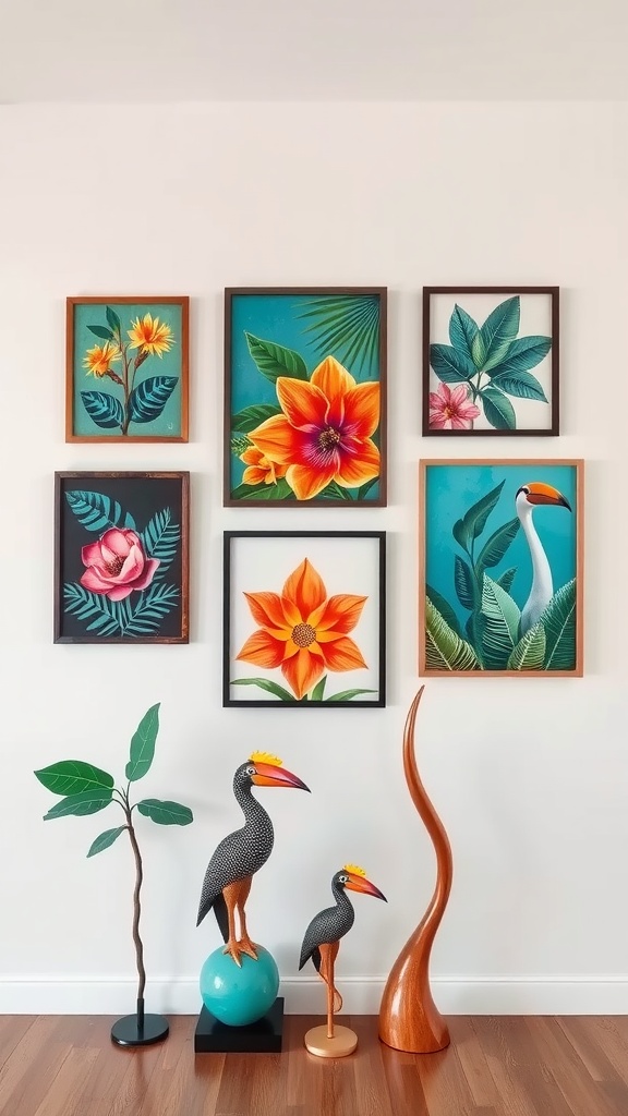 A colorful arrangement of tropical-themed artwork and decor featuring vibrant flower paintings and decorative birds.