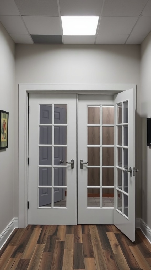 French doors leading to a hallway with wooden flooring.