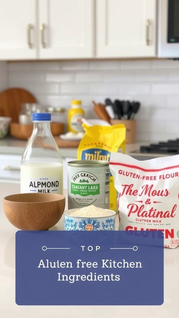 Ingredients for a gluten-free pumpkin pie recipe, including almond milk and gluten-free flour.
