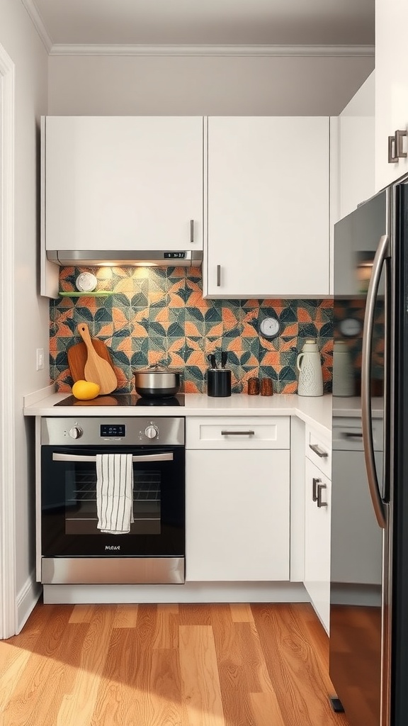 small kitchen with colorful backsplash and modern appliances