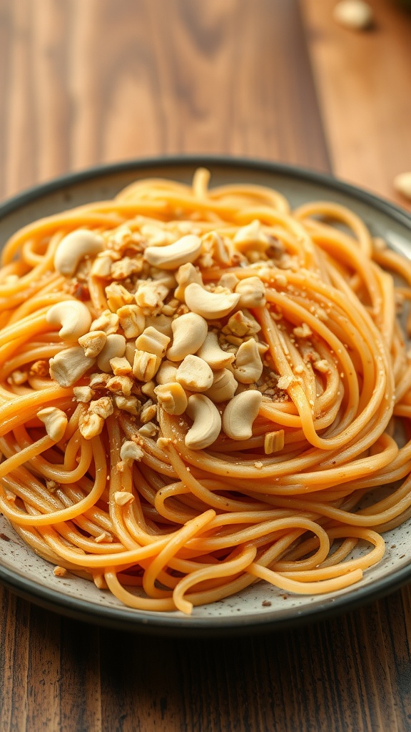 A plate of Hakka noodles topped with chopped nuts.