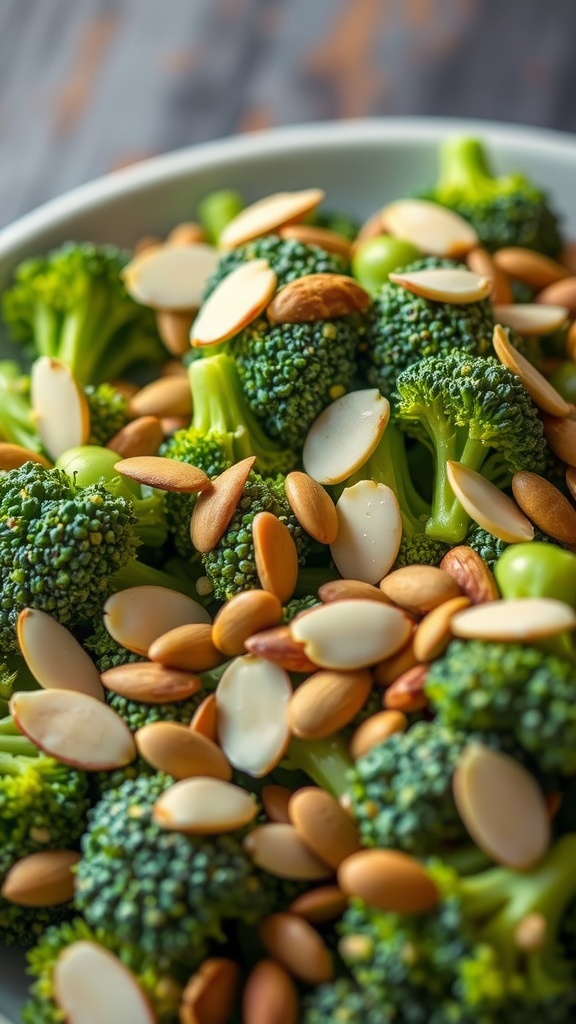 A fresh broccoli salad topped with sliced almonds and sunflower seeds, showcasing a mix of vibrant colors and textures.