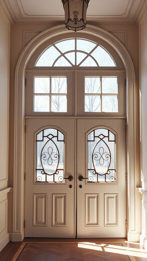 Interior view of French doors with decorative transom window above.