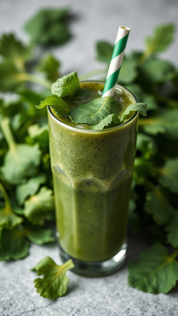 A refreshing green smoothie with leafy greens and a straw.