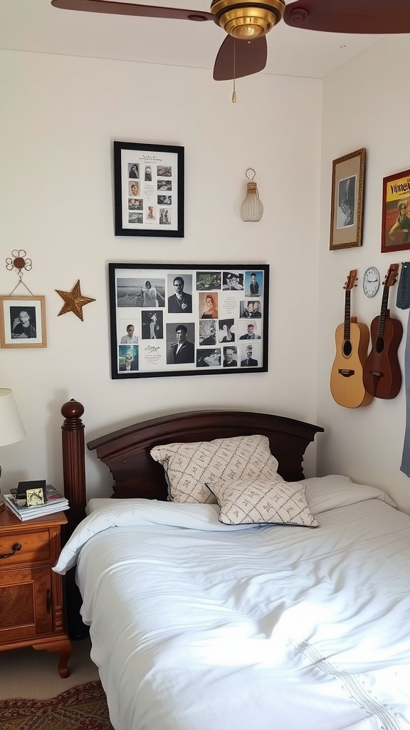 A cozy small bedroom featuring framed photos, decorative pillows, and musical instruments on the wall.