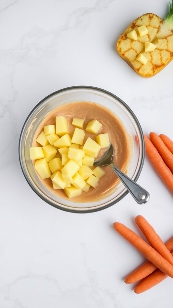 A mixture of carrot cake batter with pineapple chunks and fresh carrots on the side.