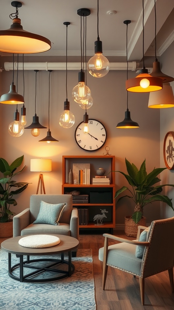A stylish interior featuring various hanging lights, a cozy seating area, and plants.